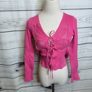 Pink Crochet Butterfly Tie-Front Blouse NWOT